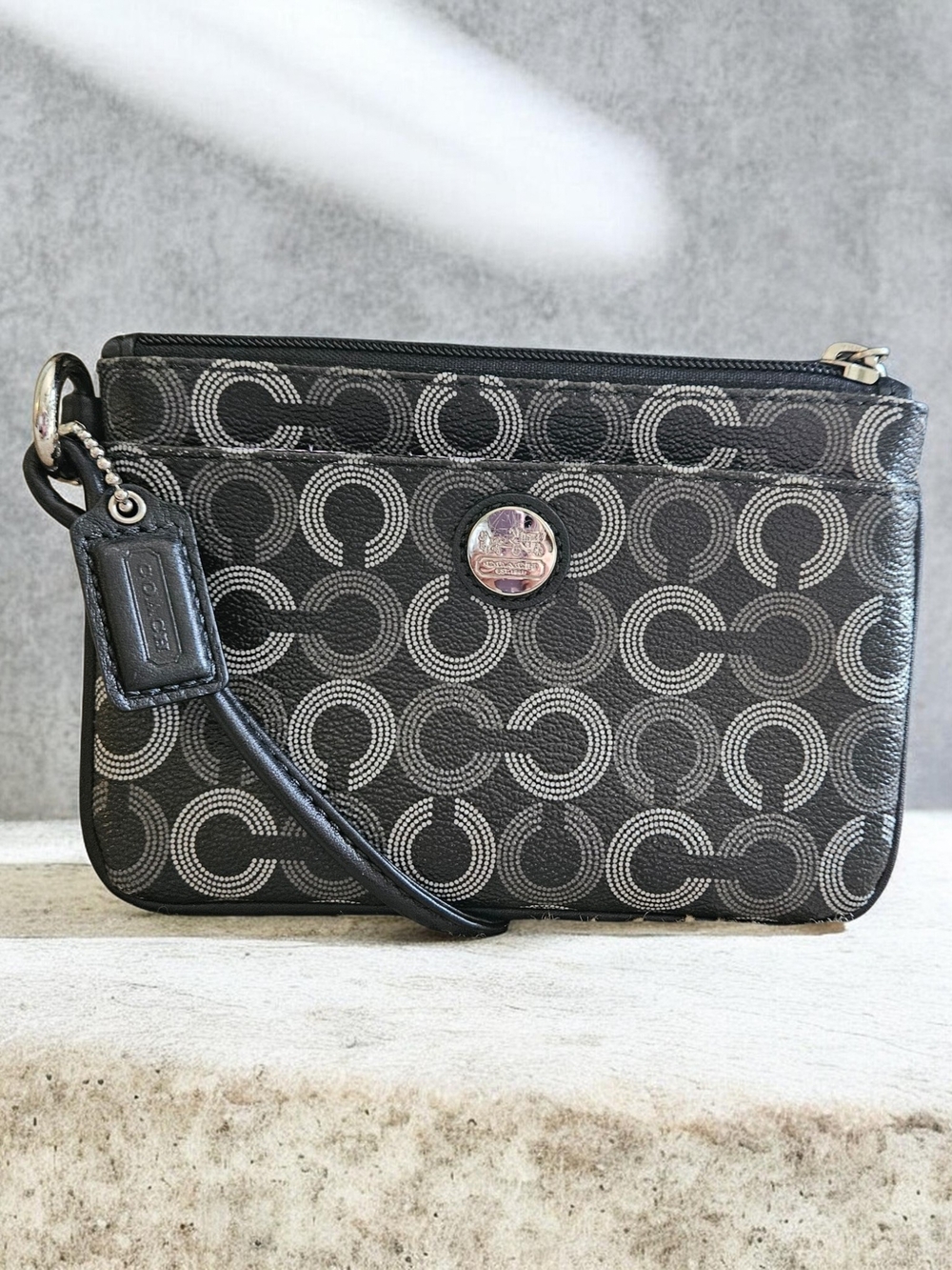 Canvas Black White Dotted Signature Wristlet